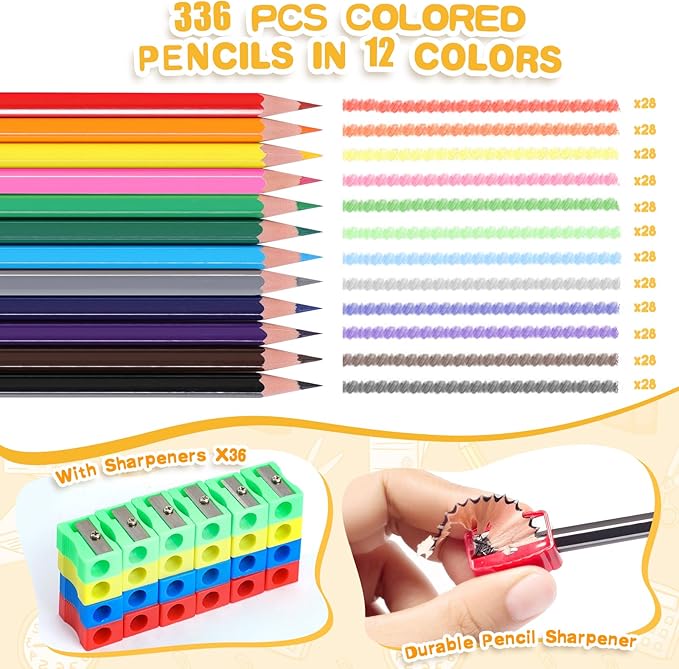 336 Packs Colored Pencils Bulk Classroom, Colored Pencils for Kids 12 Assorted Colors, Coloring Pencil Set Plus 36 Sharpeners, Pre-sharpened Color Pencils, Back to School Supplies Bulk for Teachers-DeskLoop Office