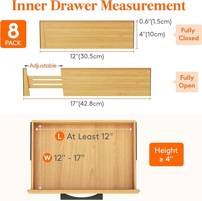 Lifewit 8 Pack Drawer Dividers Bamboo 4" High, 12-17" Adjustable Drawer Organizers for Clothes, Expandable Dresser Separators in Bedroom/Bathroom/Kitchen/Fridge/Office Organization and Storage-DeskLoop Office