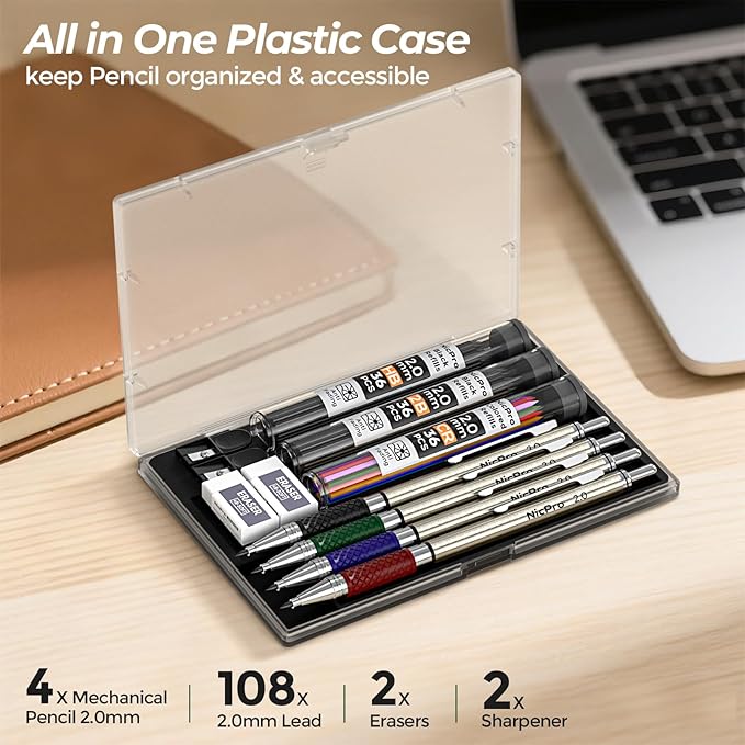 Nicpro 4 PCS Premium 2.0 mm Mechanical Pencils Set, 108 Colored & Black (HB 2B) Lead Refills, Art Metal 2mm Carpenter Pencil with 2 Erasers, 2 Sharpeners for Drafting Sketching Drawing with Case-DeskLoop Office