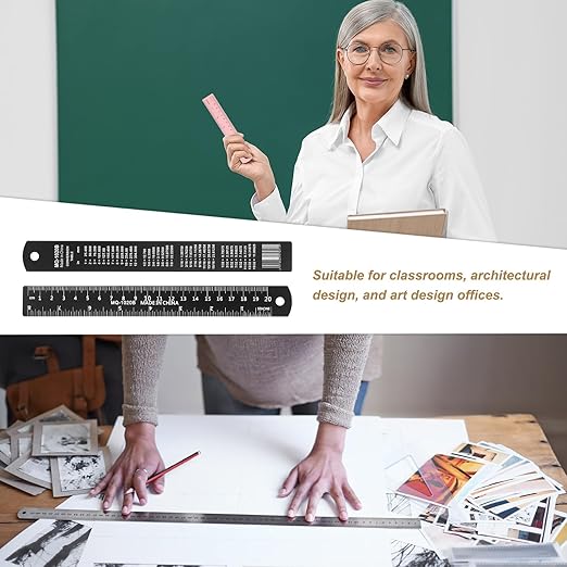 HARFINGTON 6pcs Metal Straight Ruler 20cm Metric SAE Aluminum Alloy Measuring Rulers Scale Tool with Hole for Measure Study Reading Classroom Office, Black-DeskLoop Office