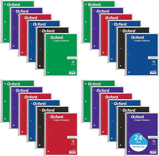 Oxford Spiral Notebooks, Bulk College Ruled Spiral Notebooks for School, 1-Subject, College Ruled Paper, 70 Lined Sheets, 24 per Pack, 3-Hole Punch, Colors May Vary (65021)-DeskLoop Office