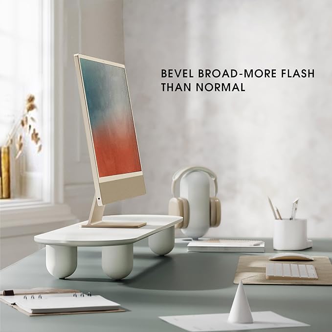 Fenge Monitor Stand Riser, 34 Inch Dual Monitor Riser for Large Monitors, Desk Organizer with Wooden Shelf & Solid Wood Legs, Computer Stand for Laptop, TV, PC, Printer, White-DeskLoop Office