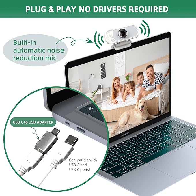 1080P Webcam with Mic, Pro Streaming Web Camera with Privacy Cover and Stand, Widescreen USB Computer Camera for PC Mac Laptop Desktop, Adapter Included-DeskLoop Office