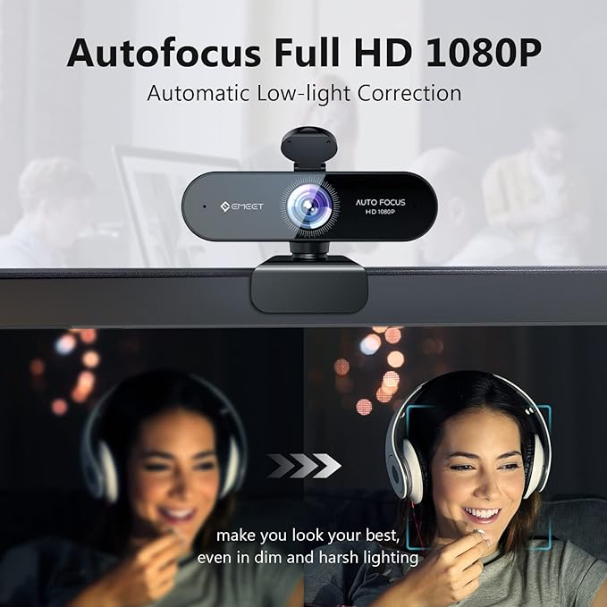 1080P Webcam with Microphone, eMeet Nova AutoFocus HD Webcam, 96°View Web Camera w/ 2 De-Noise Mics for Laptop/Desktop, Plug & Play USB Streaming Computer Camera for Conference/Calling/Teaching/Gaming-DeskLoop Office