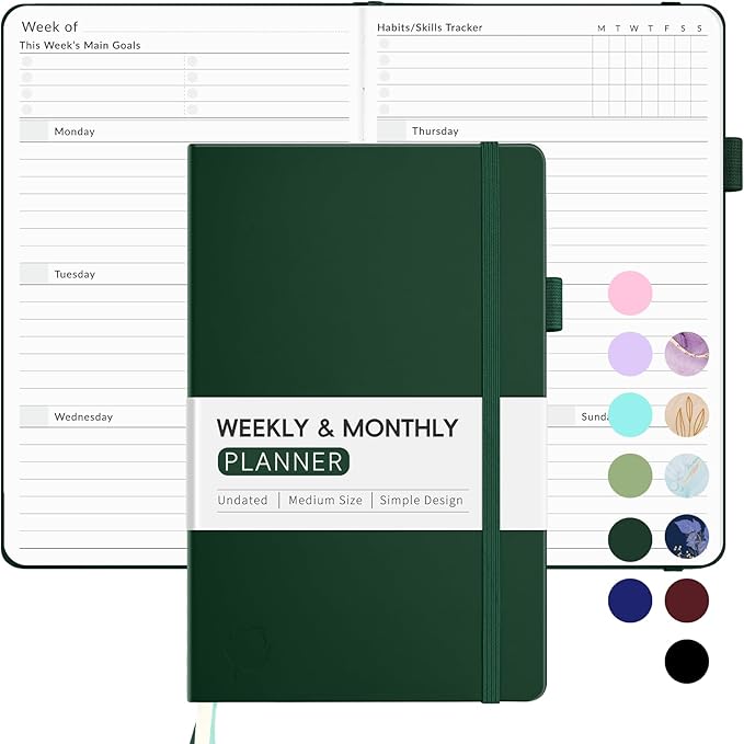 Undated Weekly Planner for 2025, Forvencer Simplified Weekly & Monthly Calendar Planner, Cute Daily Organizer Notebook, Agenda Journal to Track Goals & Tasks, Start Anytime, A5 Size, Dark Green-DeskLoop Office