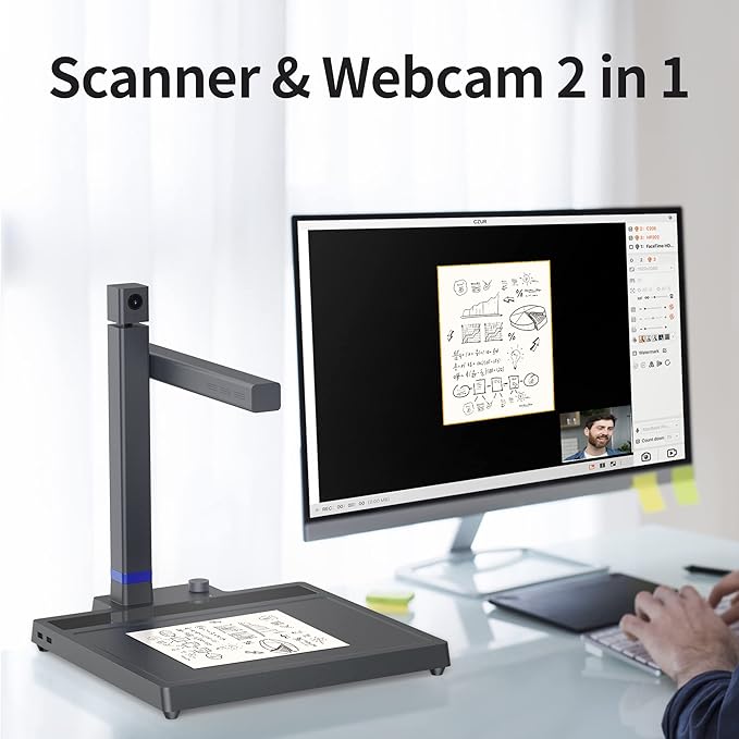 CZUR Shine Surface Pro Professional Document Scanner, 16MP Document Camera + 2MP Webcam+ Working Surface, A3 Book Scanner for Computer/Laptop, 180+ Languages OCR, Fast Scan 1s/Page, for PC/Mac-DeskLoop Office