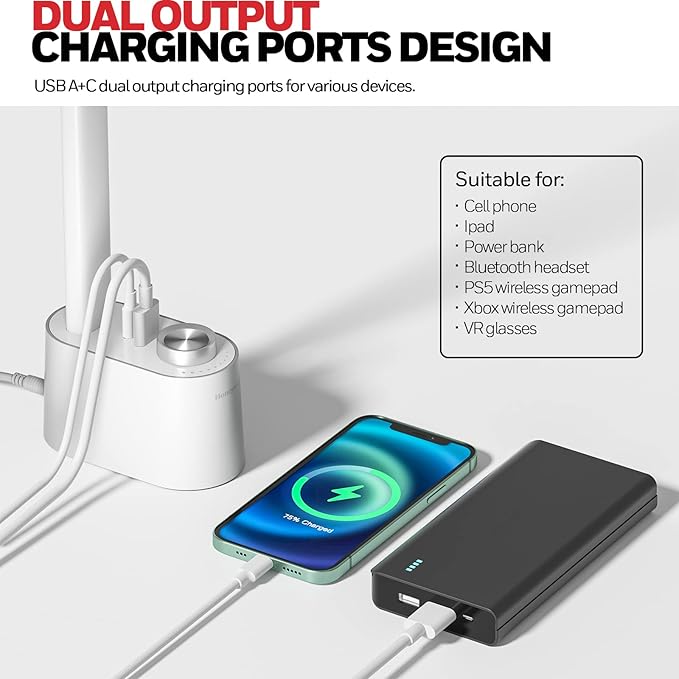 Honeywell LED Desk Lamp with USB Charging Ports - Sunturaluxโข HWT-H01 Stepless Dimmable Eye Caring Table Lamp for College Dorm Home Office, Foldable Small Bedside Lamp for Bedroom with Base White