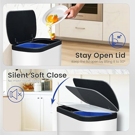 16 Gallon Dual Trash Can, Kitchen Recycling Bins with 2 x 8 Gallon Compartments, 2 Plastic Removable Liners, Soft-Close Lid, Stainless Steel Step Trash Can, White-DeskLoop Office