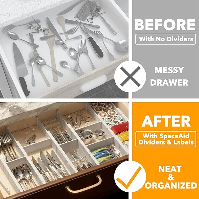SpaceAid Bamboo Drawer Dividers with Inserts and Labels, Kitchen Adjustable Drawer Organizers, Expandable Organization for Home, Office, Dressers, 7 Dividers with 15 Inserts (17"-22" White)-DeskLoop Office