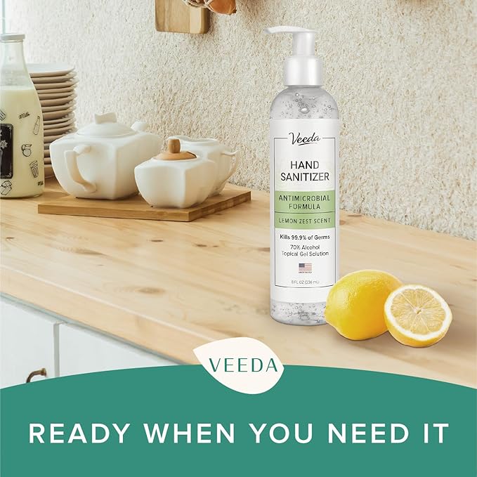 Veeda Scented Hand Sanitizer with Lemon Zest Scent - Moisturizing Clear Gel with Vitamin E & Antimicrobial Formula- Contains 70% Ethyl Alcohol - Hand Sanitizer Travel Size, Made in USA (3 x 8 fl. oz)-DeskLoop Office