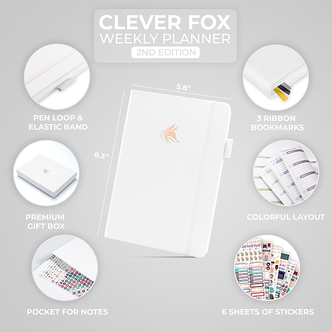 Clever Fox Planner 2nd Edition – Colorful Weekly & Monthly Goal Planner, Time Management & Productivity Organizer, Undated, A5 (White)-DeskLoop Office