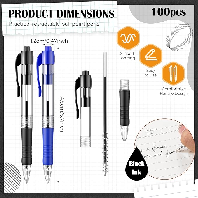 Fulmoon 100 Pcs Gel Ink Pens Retractable Ballpoint Medium Point 1.0 mm Ballpoint Smooth Writing Click Pens for Journal Writing Office Home(Black and Blue Ink)-DeskLoop Office
