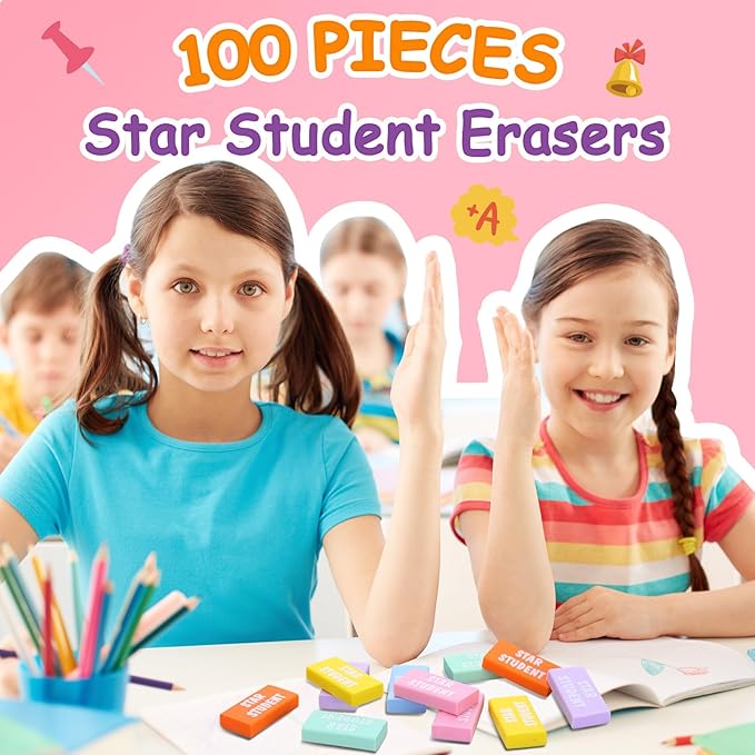 100 Pcs Star Student Erasers Bulk for Kids Back to School Pencil Erasers Fun Inspirational School Supplies for Students Classroom Office Teacher Award Gifts-DeskLoop Office