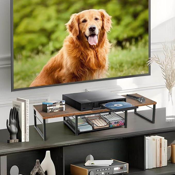 Dual Monitor Stand Riser, Desk Organizer with Drawer, Desk Organizers and Accessories, Workspace Organization Computer Monitor Stand for Laptop, Printer, TV, Office Supplies, Rustic Brown-DeskLoop Office