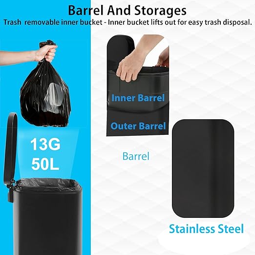 PayLessHere Stainless Steel Trash Can with Lid - Removable Inner Bucket, Foot Pedal Soft Close for Office, Home, Kitchen Garbage Bin (Black, 13 G)-DeskLoop Office
