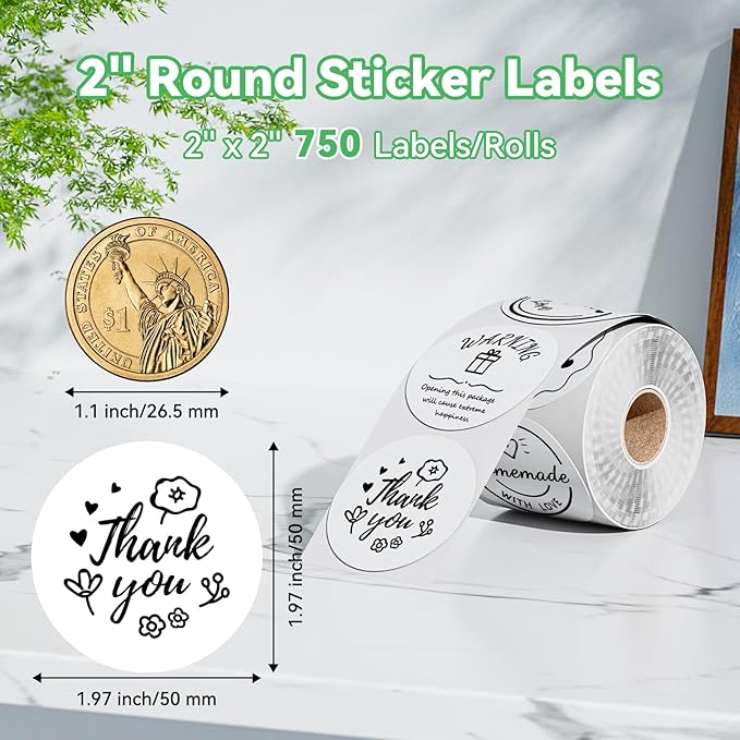 2'' White Round Thermal Labels, 750pcs Circle Thermal Printer Label, Multi-Purpose for DIY Logo Design, Name/Price Tag, Address, QR Code, 750 Labels/Roll-DeskLoop Office