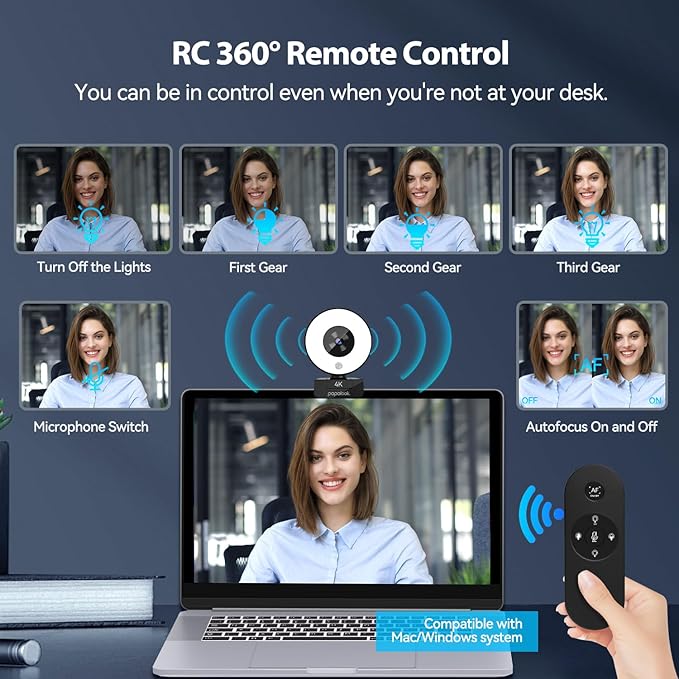 papalook 4K Autofocus Webcam with Light, UHD Web Camera with Remote Control and Dual Noise-Cancelling Mics, Plug and Play USB Webcams for PC Laptop Zoom Skype Teams Google Meet-DeskLoop Office