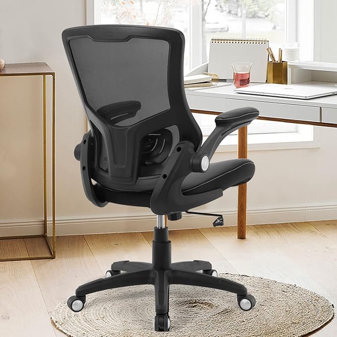 Office Chair Ergonomic Desk Chair, Computer PU Leather Home Office Chair, Swivel Mesh Back Adjustable Lumbar Support Flip-up Arms Executive Task Chair-DeskLoop Office