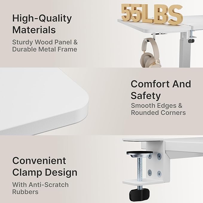 Desk Extender Tray, 24" x 12" Clamp On Shelf, Desk Extension with Laptop Holder, Table Arm Rest, Clamp On Keyboard Tray for Office and Home, Workstation Organizer, Medium, White-DeskLoop Office