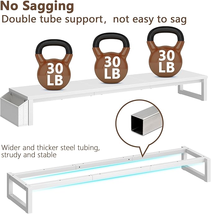 LAND·VOI Dual Monitor Stand Riser,41.5'' Long Monitor Stand for 2 Monitors, Wood and Steel Computer Monitor Stand, Desktop Oraganizer with Pen Holder, Monitor Riser for Desk Computer,Laptop,TV, White-DeskLoop Office