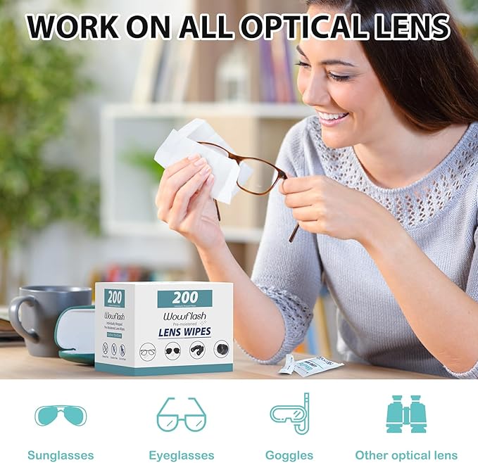 200 Count Lens Wipes for Eyeglasses, Eyeglass Lens Cleaning Wipes Pre-moistened Individually Wrapped Sracth-Free Streak-Free Eye Glasses Cleaner Wipes for Sunglass, Camera Lens, Goggles-DeskLoop Office