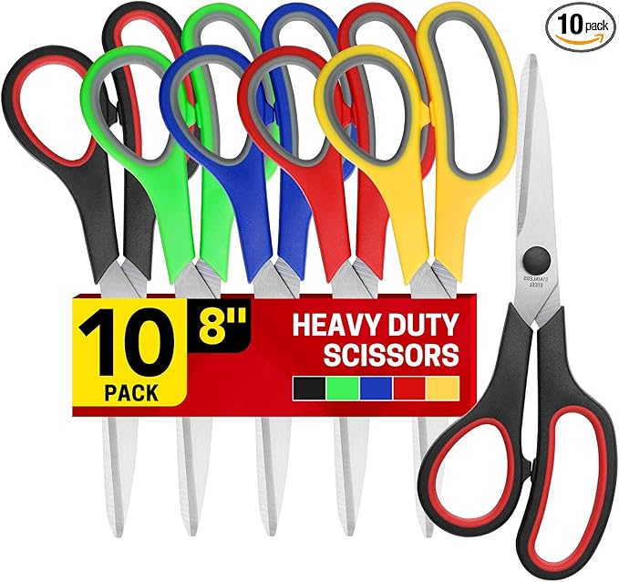8" 10 Pack All Purpose Heavy Duty Scissors- Comfort-Grip Sharp Scissors for Office School Sewing Fabric Craft High/Middle School Student Teacher Scissor, Right/Left Hand-DeskLoop Office