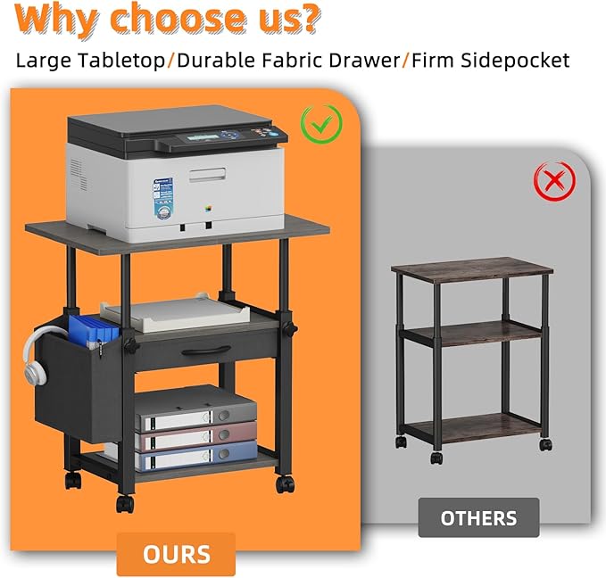 22"x15" Large Printer Stand with Drawer and-side Bag, Adjustable 3-Tier Printer Cart for Home Office, Rolling Printer Stand Fit Heat Press/Laser/3D Printer (Grey)-DeskLoop Office