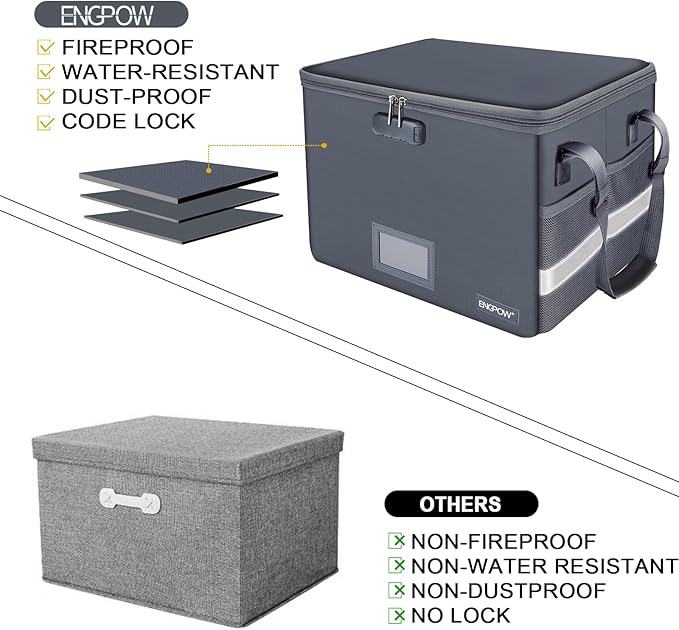 ENGPOW File Box with Lock, Fireproof Document Box with Zipper Lid, Collapsible File Organizer Storage Filing Cabinet with Handle, Portable Home Office Safe for Hanging Letter/Legal Folders, Grey-DeskLoop Office
