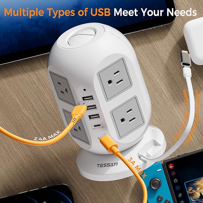 Tower Power Strip Surge Protector 10 Ft, TESSAN Flat Plug Extension Cord with Multiple Outlets, 8 AC Outlets, 4 USB Ports, 1 Built-in USB Cable, Desk Charging Station for Home Dorm Office-DeskLoop Office
