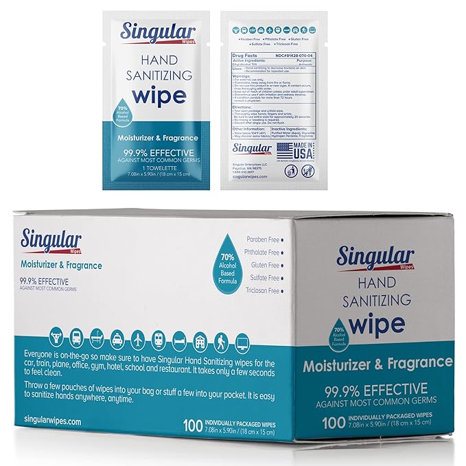 Hand Sanitizing Wipes Travel Size by Singular Wipes – 100ct Individually Wrapped | Fresh Citrus Scent, Moisturizing, 70% Alcohol Wipes | Travel, Office, School, Home | Made in USA-DeskLoop Office