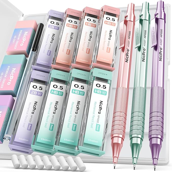 Nicpro 0.5 mm Metal Mechanical Pencil Set, 3PCS MP1000 Artist Lead Pencils With 480PCS HB 2B Lead Refills, Erasers, Aesthetic School Supplies for Girls & Women Teacher Writing Drawing Sketching-DeskLoop Office
