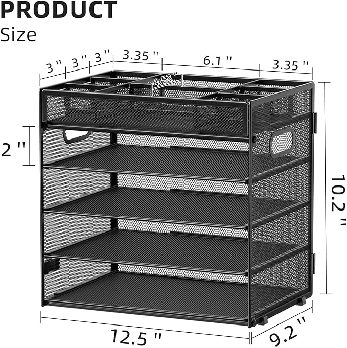 Marbrasse 5-Tier Letter Tray Paper Organizer with Handle, Multi-Functional Mesh File Organizer for Desk, Adjustable Compartments Mesh Desktop Storage for Office Supplies,Black-DeskLoop Office