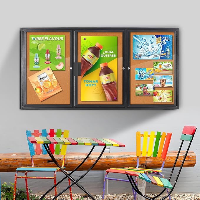 Enclosed Bulletin Board Lockable,3 Doors Weatherproof Outdoor Noticeboard with Locking Door, Wall-Mounted Aluminum Framed Presentation Board, 70x36 Inch-DeskLoop Office
