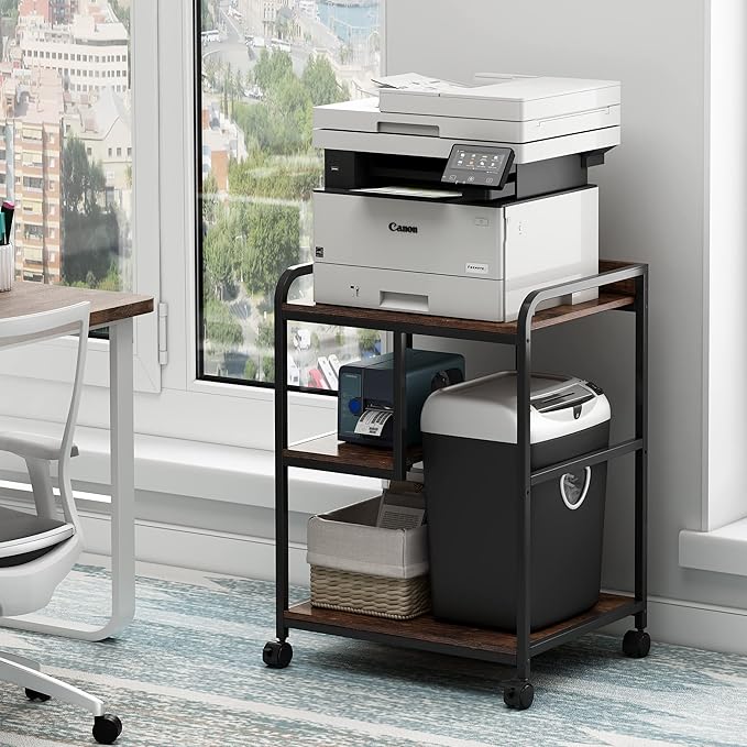 22 x 18 Inch Large Printer Stand, Mobile Printer Table with Wheels for Home Office Storage and Organization, PC Tower Stand, Host Computer Cart, Shelf for Desktop CPU Shredder - Rustic Brown-DeskLoop Office