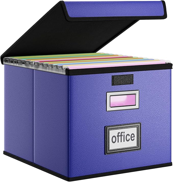 Huolewa File Organizer Box with Lid, Collapsible Leather File Folder Organizer for Office Document Storage, Filing Box with Plastic Slide for Letter/Legal Size Hanging Files,Navy Blue-DeskLoop Office