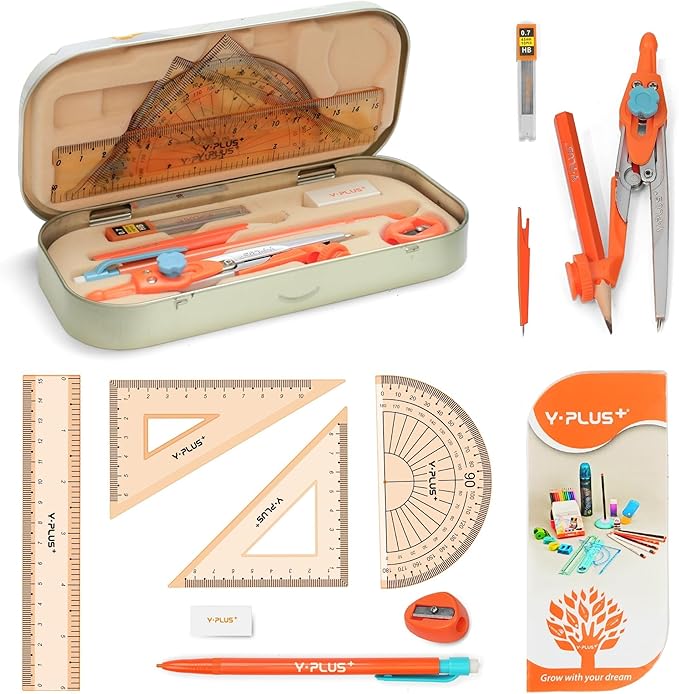 YPLUS Geometry Set for Students, Math Protractor Compass with Rulers Mechanical Pencil, Box of Protactors Kit for Class Supplies and School Kids Toddler - 12 Pcs, Back to School Supplies for Kids-DeskLoop Office