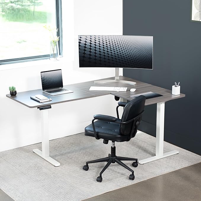 VIVO Electric Corner L-Shaped 63 x 47 in Standing Desk, Memory Height Adjustment, Dark Gray Top White Frame, DESK-E3CTWG-47-DeskLoop Office