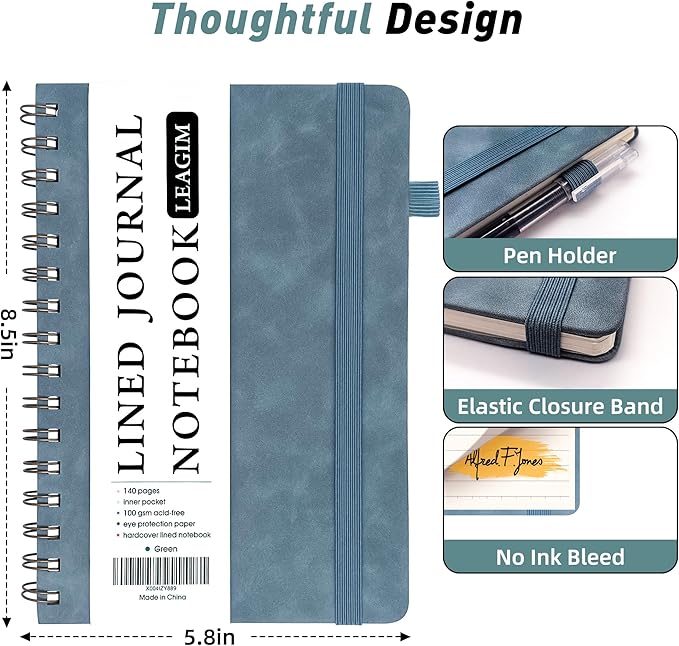 Lined Spiral Journal Notebook for Women & Men, College Ruled Hardcover Notebook for Work & Note Taking, Journals for Writing, 100 GSM, Business, School, 140 Pages, A5(5.8"x8.5") - Green-DeskLoop Office