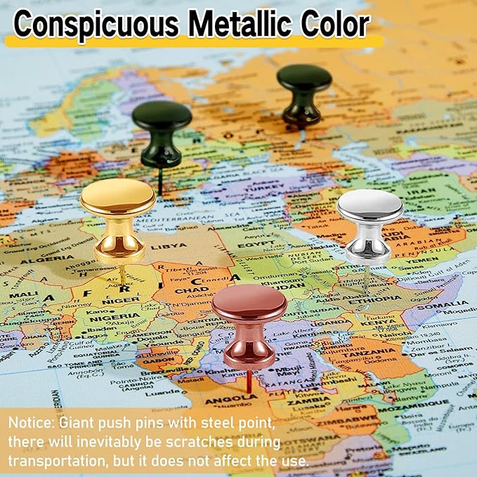 Outus 100 Pcs Giant Push Pins Large Thumb Tacks Plastic Heads 1 Inch Jumbo Push Pins for Cork Board Map Posters Office School(Gold, Silver, Bronze, Rose Gold, Gray)-DeskLoop Office
