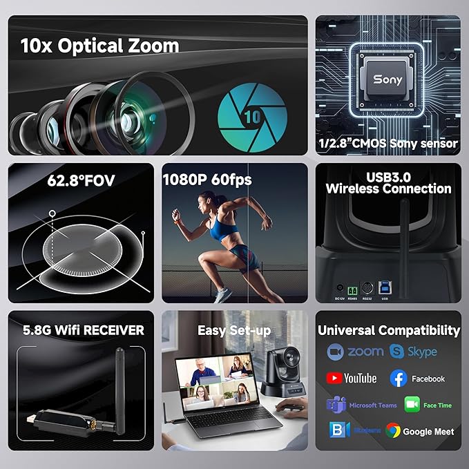 Wireless Conference Room Webcam, Church Live Streaming 10X USB 1080P 60fps PTZ Camera for Worship Services Online Conference, Works with Zoom, Skype OBS-DeskLoop Office