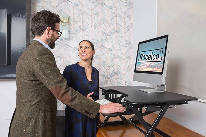 Rocelco 32" Height Adjustable Standing Desk Converter - Sit Stand Computer Workstation Riser - Dual Monitor Retractable Keyboard Tray Gas Spring Assist - Black (R EADRB2)-DeskLoop Office