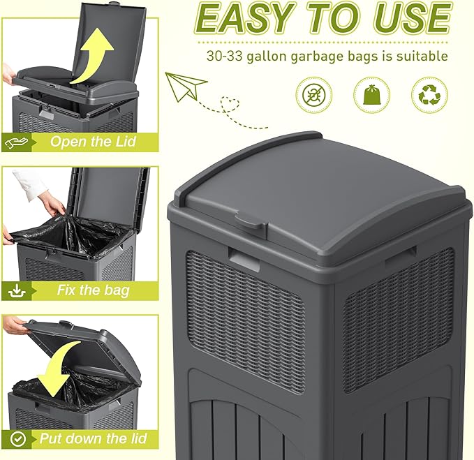 Greesum 33 Gallon Outdoor Trash Can with Lid, Waterproof Resin Garbage Bin for Hideaway, Deck, Patio, Gray-DeskLoop Office
