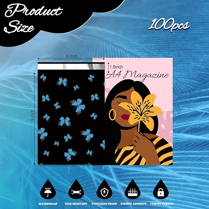 butterfly Poly Mailer 6x9 Inch 100 Pcs, Waterproof Shipping Bags for Clothing, Tear-Resistant Mailier Bags, Strong Mailing Bags with Self-Seal-DeskLoop Office