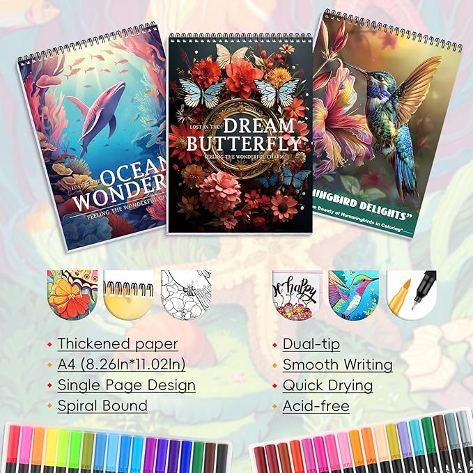 3Pcs Adult Coloring Book for Women Relaxation, 36 Colors Markers with Spiral Bound Adult Coloring Book for Women, 36 Dual Tip Colors Markers, Anxiety Relief Mindfulness Gifts(Ocean & Bird & Butterfly)-DeskLoop Office