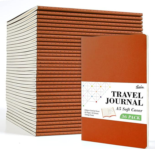 feela 36 Pack Soft Cover Journal Bulk, Lined Blank Travel Journal for Women Men Writing, Notebooks College Ruled for Work, Note Taking Notebook School Business Supplies, 8.2” x 5.5”, A5, Dark Orange-DeskLoop Office