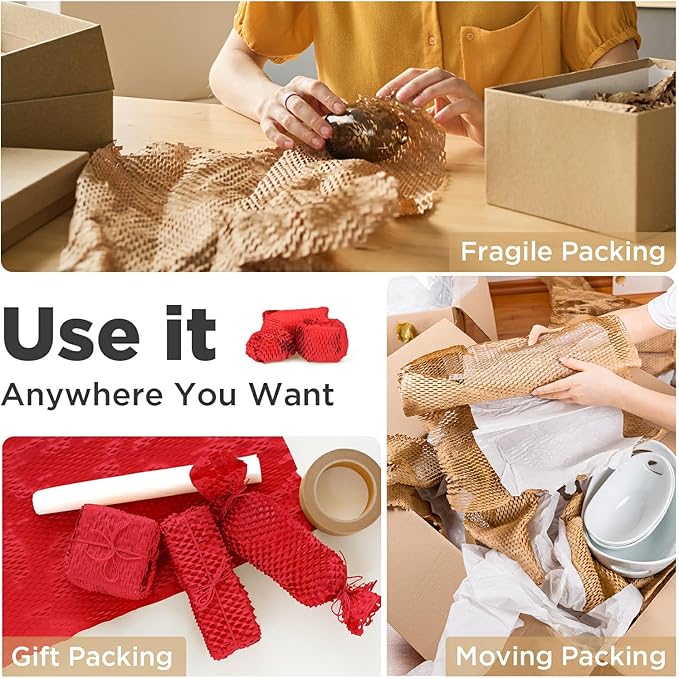 Honeycomb Packing Paper, 12"x200' Red | Perforated Honeycomb Packing Paper Recyclable Moving Supplies for Shipping & Moving | Plastic-Free Alternative to Bubble Cushion Wrap with 36 Fragile Stickers-DeskLoop Office