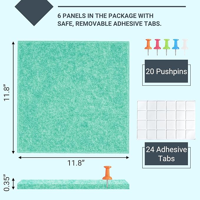 AKTOP Cork Board Bulletin Board 24"x36", 6 Pack Removable Felt Cork Board Tiles for Wall, Large Corkboard Notice Pin Board for Office, School & Home,24 Safe Adhesive Tabs, 20 Push Pins, Lake Blue-DeskLoop Office