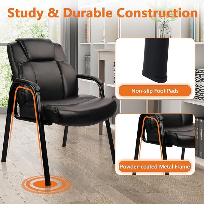 CLATINA Big & Tall 500 lb. Guest Chair, Leather Reception Chairs with Padded Arm Rest for Waiting Room Office Home and Meeting Conference-Black, 2 Pack-DeskLoop Office