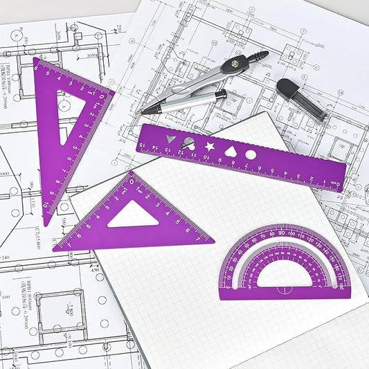 6 Pcs Metal Geometry Set, Math Geometry Kit, Metal Ruler Set and Compass Geometry Tool, Rulers Protractor and Compass Set for Student School and Drawings Supplies (Purple)-DeskLoop Office