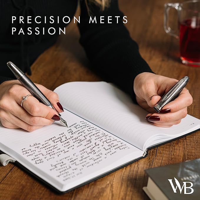 Wordsworth & Black Majesti Fountain Pen-(Black Checked), Luxury Case, Stainless Steel; Medium Nib- Ink Cartridges, Refillable Ink Converter-Calligraphy Pen-Best Business Gift Set for Men & Women-DeskLoop Office